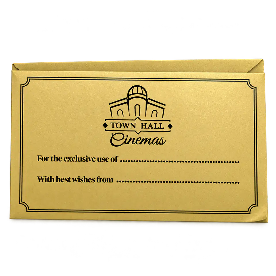 Town Hall Cinemas gold envelope with handwritten recipient and sender lines