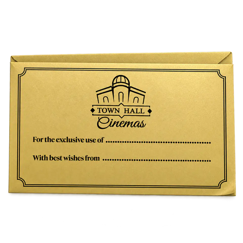 Town Hall Cinemas gold envelope with handwritten recipient and sender lines