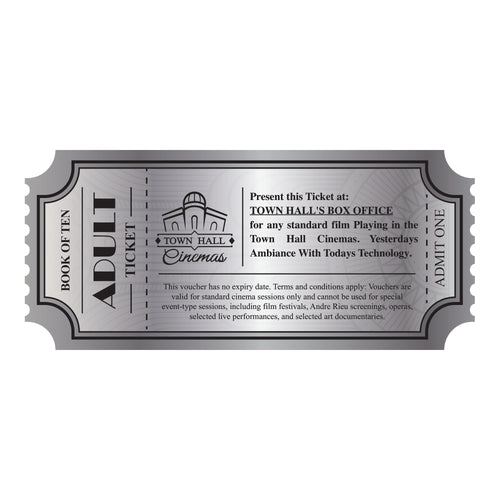 Town Hall Cinemas Adult Discount Book of Ten: reverse of the Book of Ten voucher artwork with scalloped edges and no-expiry wording