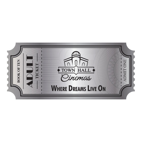 Town Hall Cinemas Adult Discount Book of Ten: front of the silver Adult Book of Ten voucher artwork with scalloped edges