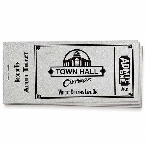 Town Hall Cinemas Adult Discount Book of Ten: older rectangular silver booklet on a white background