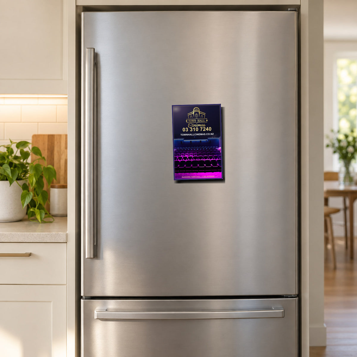 Town Hall Cinemas fridge magnet shown at realistic scale on a stainless-steel refrigerator