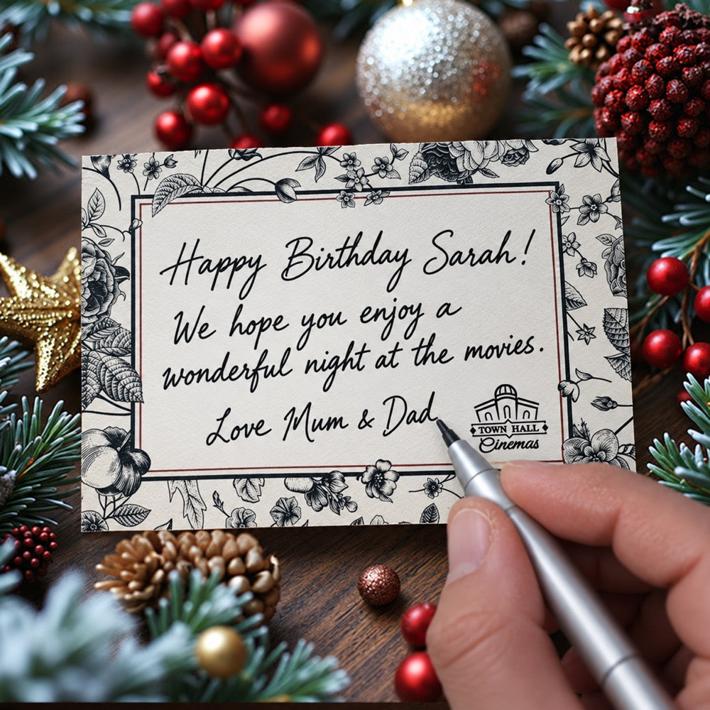 Town Hall Cinemas gift card message side with handwritten birthday greeting