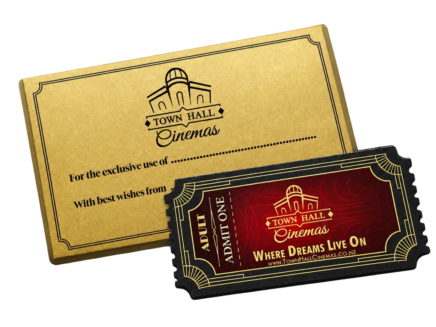Town Hall Cinemas Adult Voucher with its included metallic gold envelope